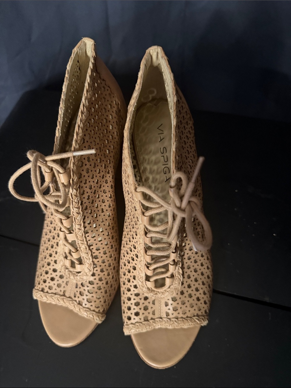 Via Spiga Tan Perforated Lace-Up Peep-Toe Booties